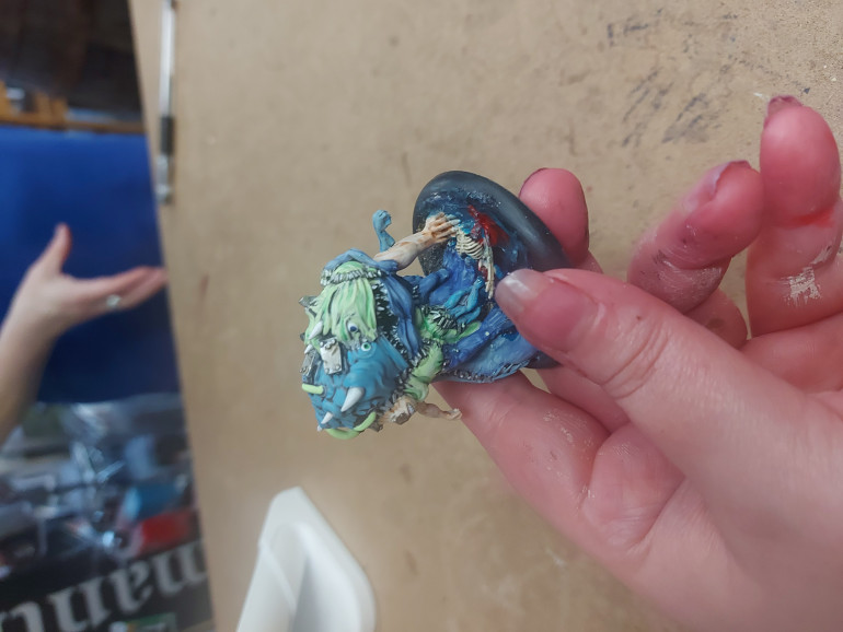 The last model to finish the Doctors (at least until my next few pieces arrive) is this sexy beast. I call him Gribble. I tried to keep his colours tied in to the rest of the faction by using blues and greens and adding the requisite blood and gore to his base.