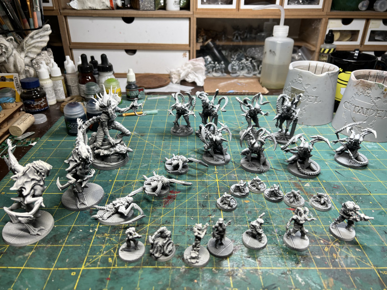 I first cleaned up (not a tremendous amount of mold lines) and zenithal primed the miniatures using black, grey and white.