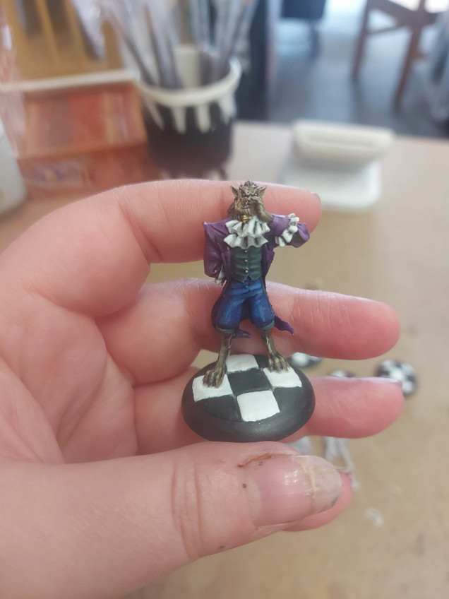 It had to be The Beast himself for the first mini to paint. He is to be the host of the party, after all. I chose a rich selection of colours for him, including royal purple and lush blue. I want the whole scene to be colourful and vibrant, so no expense was spared on his tailoring. 