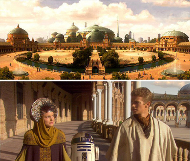 As I'm in Seville I went looking at one of the locations used to film the Attack of the Clones. In a city park you'll find a bit of Naboo. I took my battle droid with me