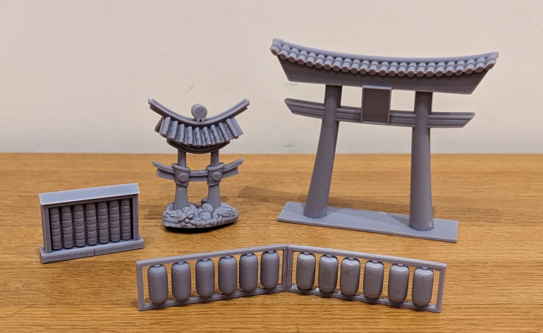 Torii gate, Shrine, Sake rack and lanterns