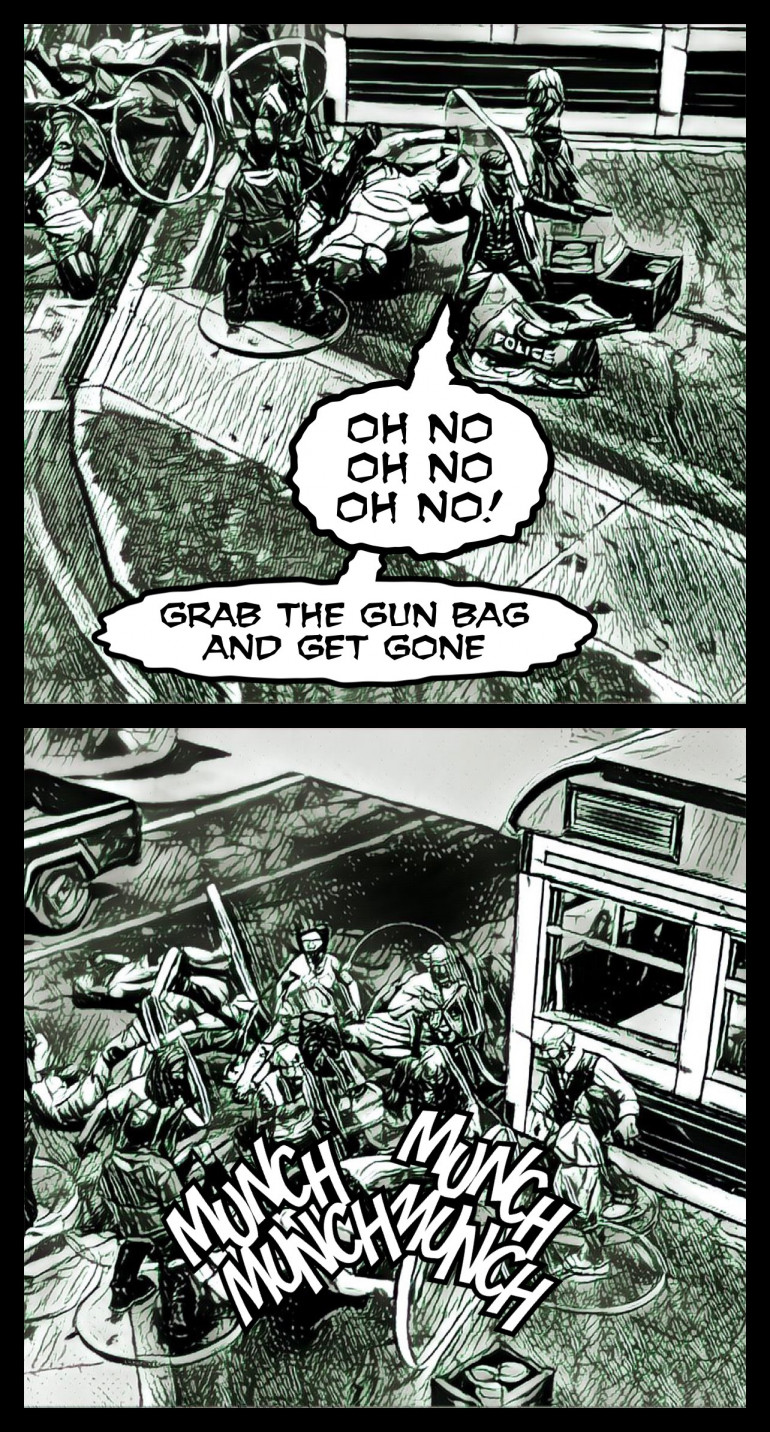 Rick then only has to fight 3 walkers but the crowded rule means that he is overwhelmed by them and the horse is killed right under him as he jumps off and manages to keep hold of his gun bag (50:50 roll)