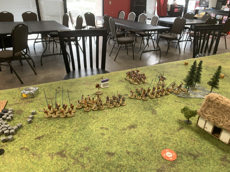 My deployment left to right. Pikemen, slingers, veteran Hoplites, javelin men, pikemen and in the forest on the far right, a unit of javelin throwers. Second rank are the two commanders and the cavalry 