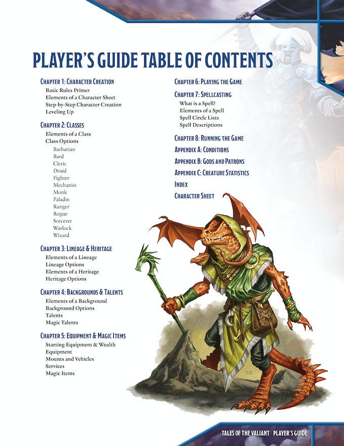 Players Guide Contents - Tales Of The Valiant