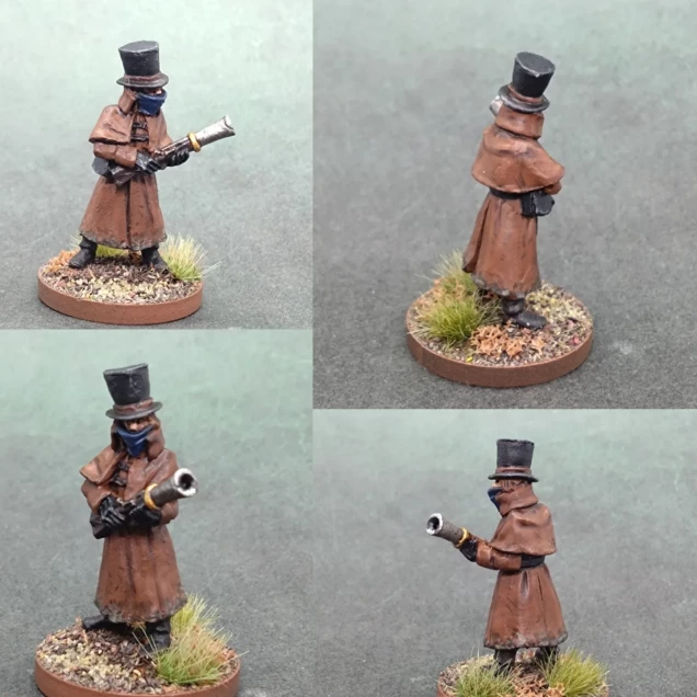 The coachman has his trusty blunderbuss. I made the brown primer I used do most of the work. Just weathering, Agrax wash, some black elements and some flesh for the face and the mini was pretty easy. 