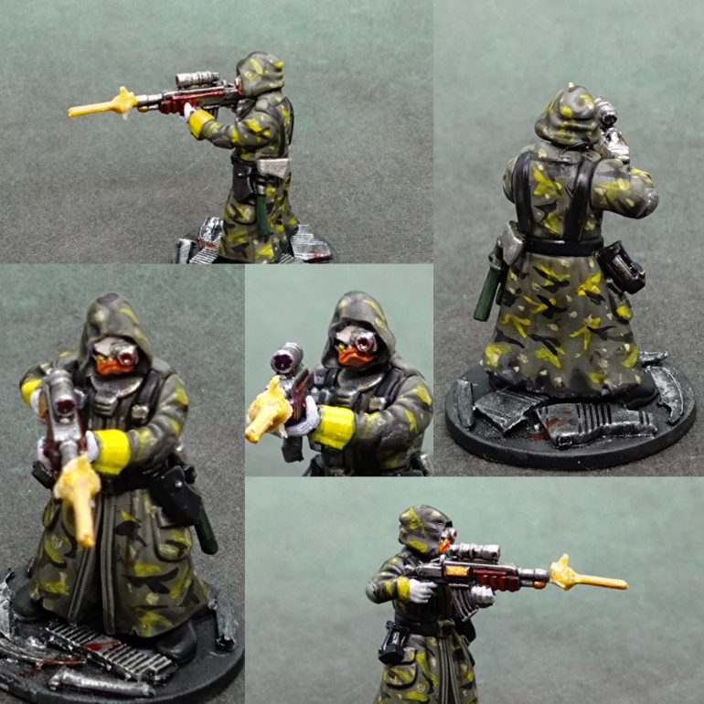 Used the Y pattern camouflage idea I saw on The Painting Phase (Thank you Peachie).  The new (July 2023) North Star Scavenger box has these hooded versions of the Solubrian head and a scoped carbine, so making a Solubrian sniper was doable.