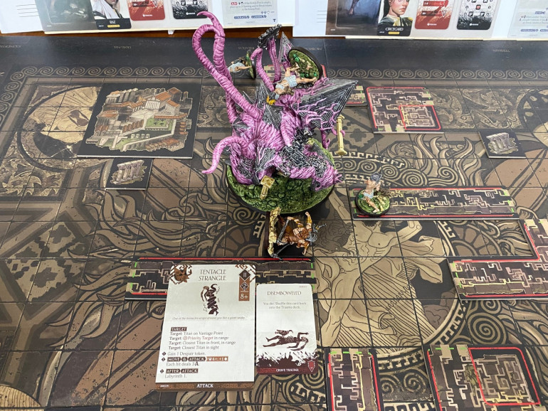 In the Primoridal's third turn it did a Tentacle Strangle. This is one of the few attacks that prioritises a Titan on the vantage point. I took quite a lot of damage then drew the Disembowelled card again. That was unlucky.