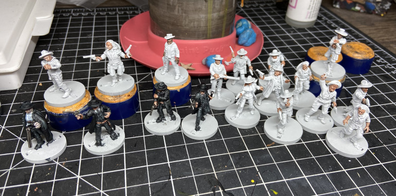 Next up I am painting some small, people shaped terrain… OK, fine I’m procrastinating and instead of doing a crap job of painting buildings I am doing a crap job of painting cowboys and a cowgirl. Bonus internet points if people can name the characters from popular westerns who I am launching paint in the general direction of. 