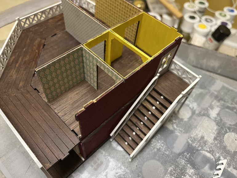 Second floor and stairs dry fitted into place. Still need to finish the balcony rail.