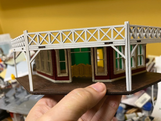 Balcony and railings glued in. 