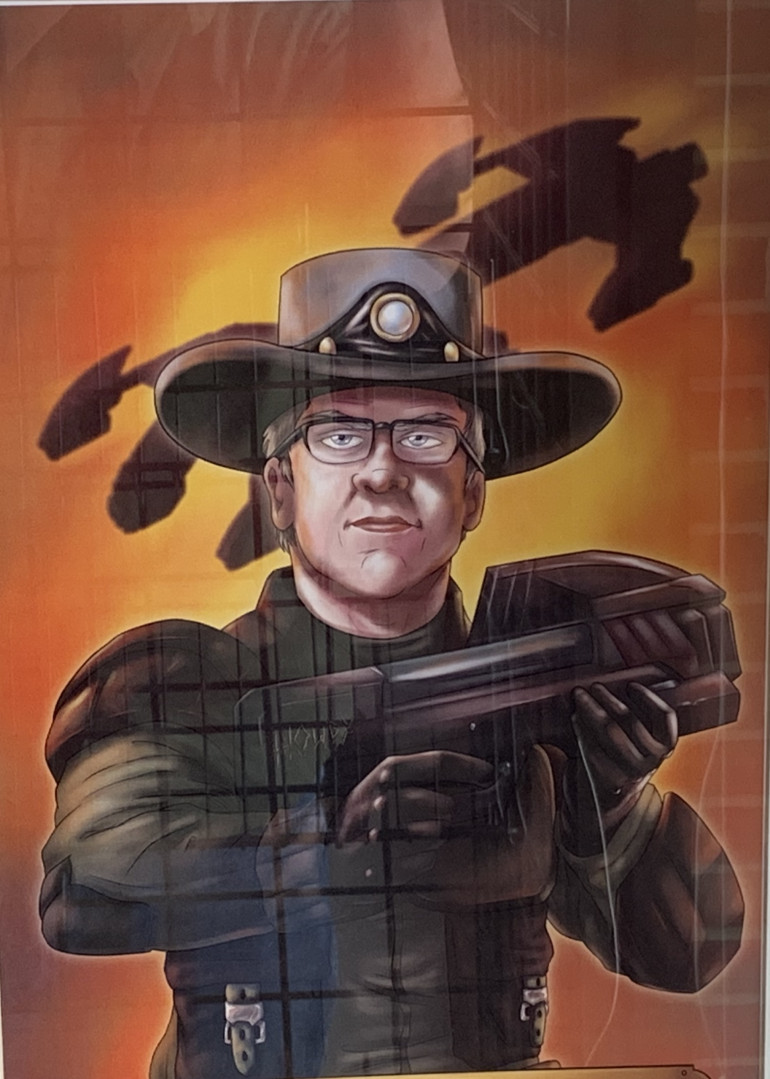 I played a lot of Dropzone Commander so my local game store put up this print as a hybrid cowboy and a UCM soldier from the Dropverse. 
