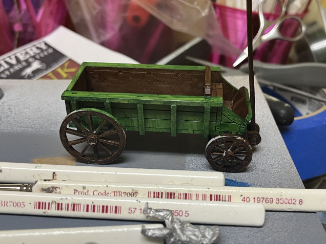 Couldn’t really find a lot of references for wagons so I just painted it up with some green to add a little color. Still needs work but the basic colors are blocked in. 