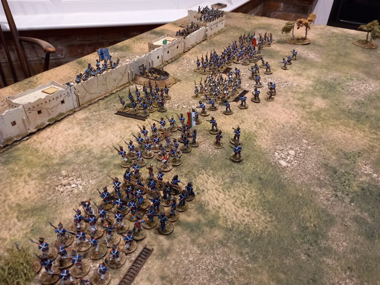 Stopping short of the walls to whole line opens fire but the muskets only kill four and now the enemy is close grape shot tears into a leading rank but the units stay in formation 