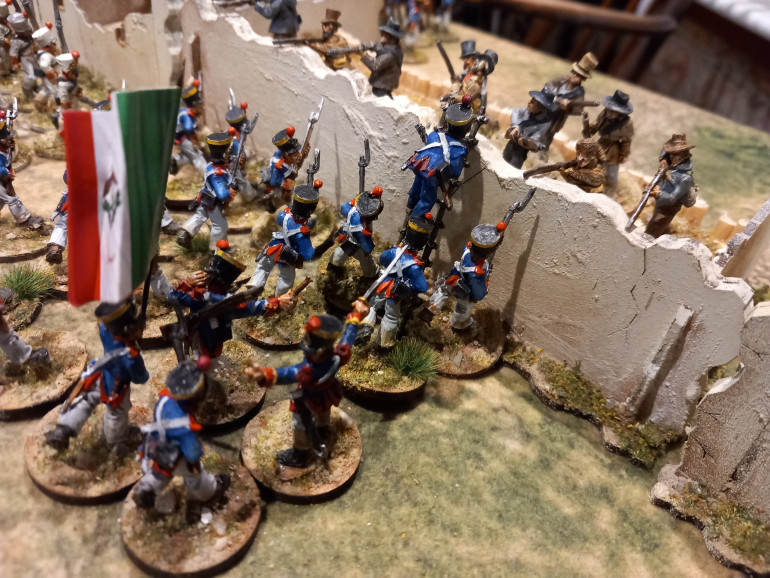 Troops pour through the breach while texan volunteers flee from the walls as the enemy gets a toehold