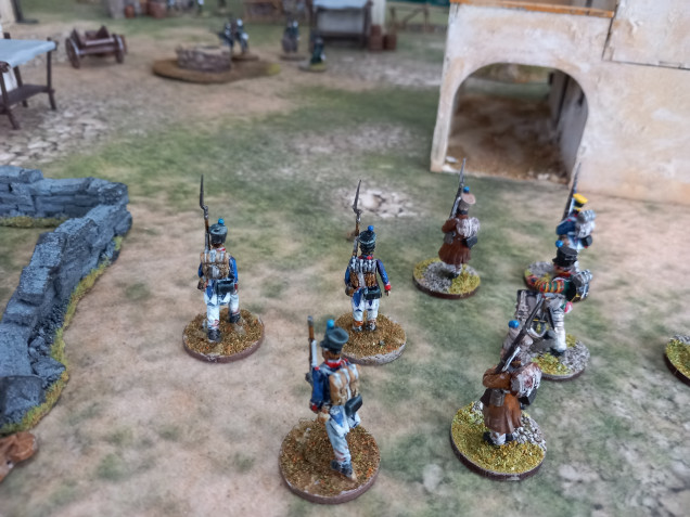 French line infantry blocks the way but their officer rolled up a lazy disposition forcing him to remain put