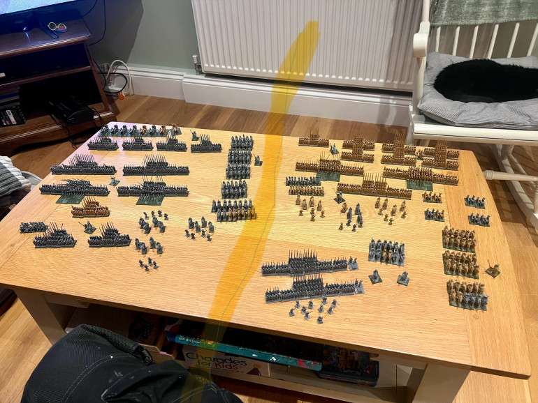Based them for 28mm pike and shotte rules and hail ceasar. There is two gigantic armies if you use this method! We tried it out using cm instead of inches. It worked a treat, we can now set up very quickly of an evening to try out scenario suitability and feasibility in prep for the full 28mm scale game days. I’ve bought a couple 15mm additions for a fantasy twist……..oh dear.