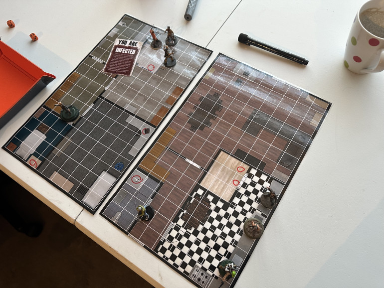 The laminated house tiles worked wonderfully. However due to the size of the gaming area, I had to move everyone to another part of the house. This was an issue logistically and by the seventh house, I just gave players the options to search locations without physically moving on a board to save on time. The group lost a good amount of time due to Woody coming to harm, but this times well with Woody needing to leave in reality. It feed into one of my story lines as the player were alerted to noise in the bedroom and running upstairs to find Woody gone and a trail of blood out of the window. 