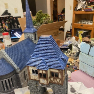 More paint, the gate house, old wire trees and getting an idea of layout.