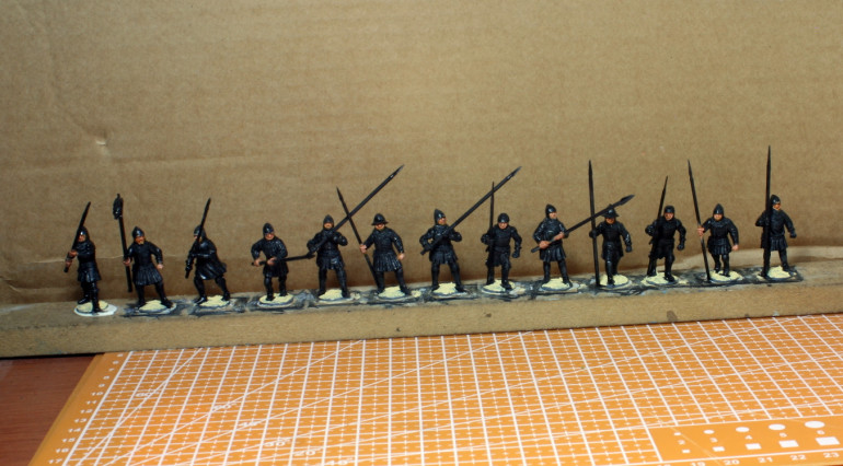 The first 13 spearmen built and primed black.