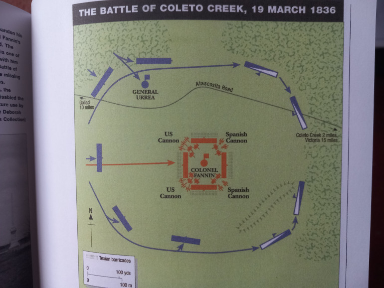 Colonel Fannens small force was caught in the open by General Urreas superior force. The Texans dug in and firmed Square placing artillery on the corners. Urreas cazadore rifleman targeted the draft animals to prevent any escape before aiming for artillery crews. The following morning Fannin surrounded. Santa Anna later ordered their execution and Iver 300 men were shot dead including Fannin. This didn't help the Mexican cause