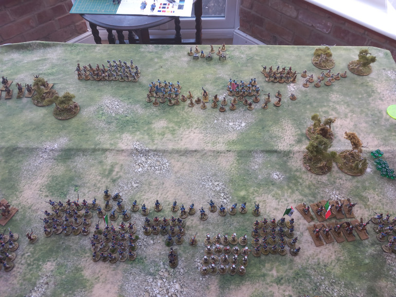 The Texans race forward but the Mexicans also advance on mass sending artillery shells across the field. Texan irregurs snipe at the lancers forcing the cavalry back as both sides concentrate fire on individual units.
