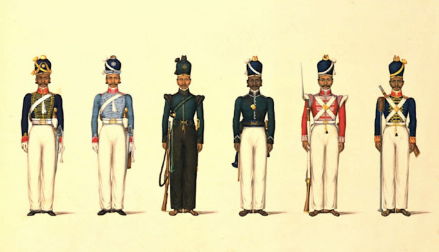 1830 : Six Sepoy uniforms of the East India Company Madras army