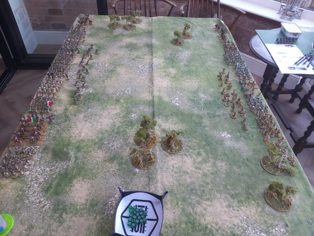 The two armies square up for a straight slogging match. The first to knock out half of the enemy force will  win.