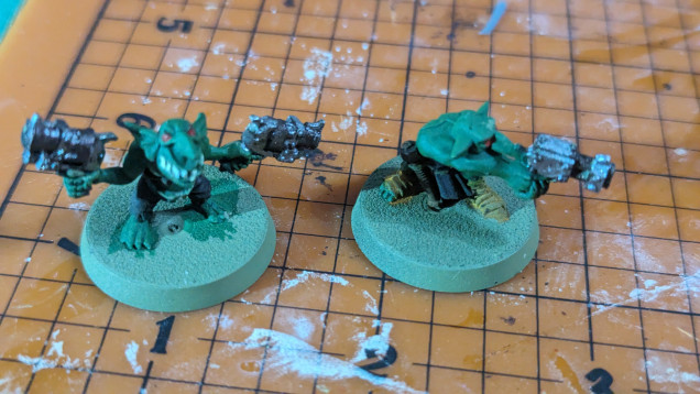 Got some more paint on the test Gretchin. They're coming together; just some more details and a wash, and probably that shirt collar too yet.