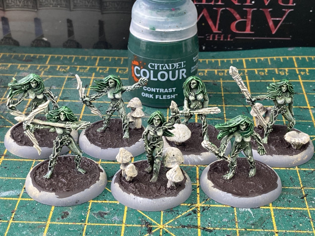 I wanted their hair to been a deep green so I give them all two coats of Ork Flesh Contrast.
