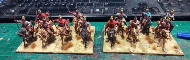 An Impetus Unit is 6 Cavalry minis on a 120mm x 80mm Base. To make the unit easier to use in other game systems and to avoid warping in the humid Queensland Weather my friend advised my to make two bases (60mm x 80mm) of 3 of three minis and put them together for games.