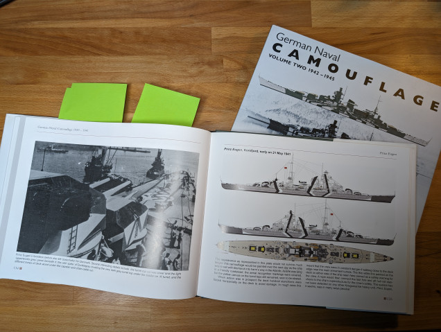 Seaforth Publishing Books on German Naval Camouflage, Volumes I & II, showing cover and the interior with reference image and colour profile