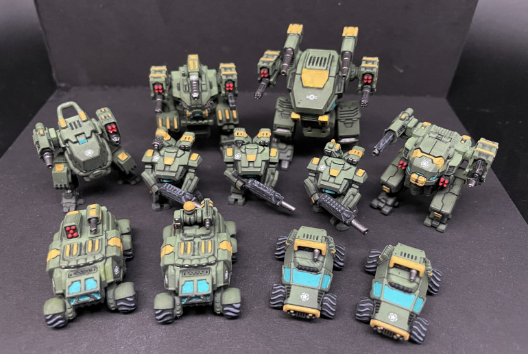 Pin washed with black oil. Added yellow highlight panels. Army star decals, Painted windows light blue. Matte varnish then finish the metallics on weapons.