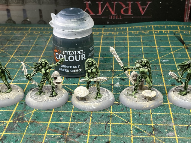 Firstly I gave the entire miniature a base coat of Creed Camo Contrast, as I wanted the minis to be more of a colder grey green.