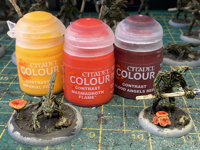 For the orange mushrooms I started with contrast imperial fist, then magmadroth flame, then a touch of blood angels red in the centre.