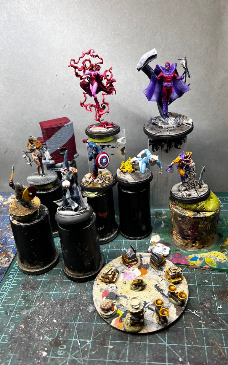 This is where the table top was Sunday night.  Toad and Cap are very close to finished while Magneto, Scarlet Witch, and Quick Silver are not much further behind.  Got a Burrows and Badger bird of prey waiting to join next.