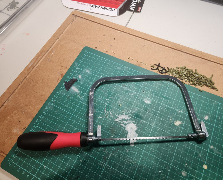 I realised that hobby knife I was using wasn't going to cut it, trying to get through some of the chunky bits of plastic. I picked up this Coping saw with a few blade options. It'll come in handy for this project and for later when I start working with metal. 