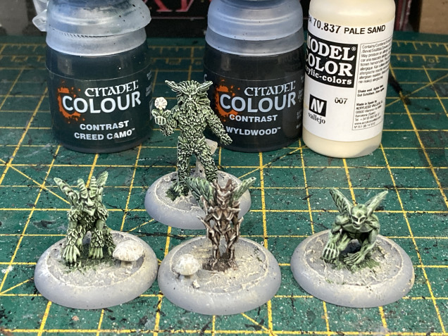 I started with a base coat of Camo Creed for all but one, since he was a somewhat thorny guy I used Wyldwood. These were lightly drybrushed with Pale Sand.