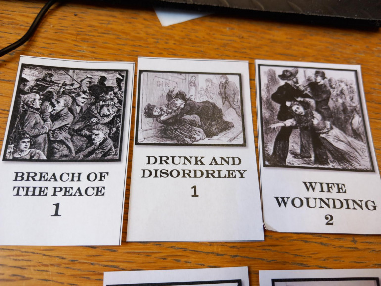 As out Victorian Police men travel around Nottingham they will have to solve crimes that are typical from the time. Some of these are similar to the Georgian version of the game but what the Victorians saw as serious crimes has changed where they fall in points. So for example our minor crimes remain drunk and disorderly and breach of the peace. Both of these would increase during the industrial urbanization of the town. However Ive added Wife Wounding to this. For example one man was sent to Australia for 7 years for stealing 8p and another man slit his wifes neck open with a razor and got just 3 months. (she got better) indicating that money is more important than people. (obviously)   