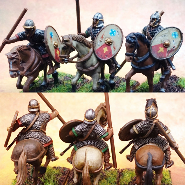 The shield designs came out OK. There's variety enough in the horses and the clothing, but they are united by the shield the basing and the golden/ brass elements on the helmets.