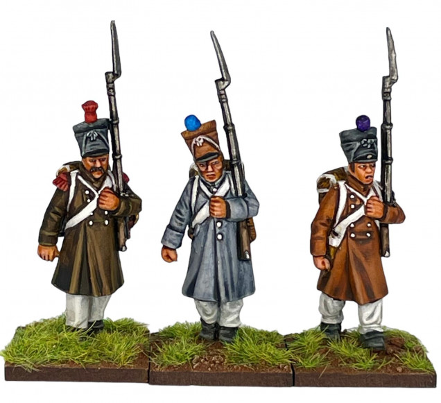 The two varieties of brown and grey greatcoated wearing figures.