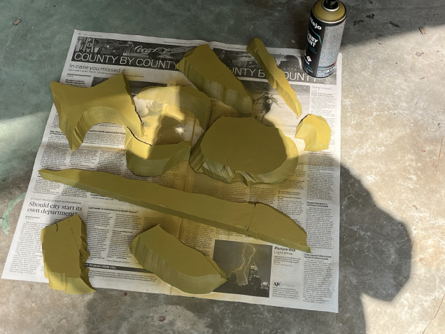 I used some Vallejo Desert Yellow spray once the primer dried.  Some spray paints will react to foam so that’s why I did a brush on primer first.  As this is insulation foam it has some pre-cut lines I’ll need to fill in.  