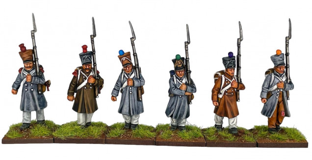 This picture shows the rest of the models. You can see a variety of grey colours this is achieved by making the initial application of the grey more pigment heavy or by painting it over a grey rather than a white undercoat. Also you can see that the brown colours I have described are also used on some of the models shakos, and trousers.