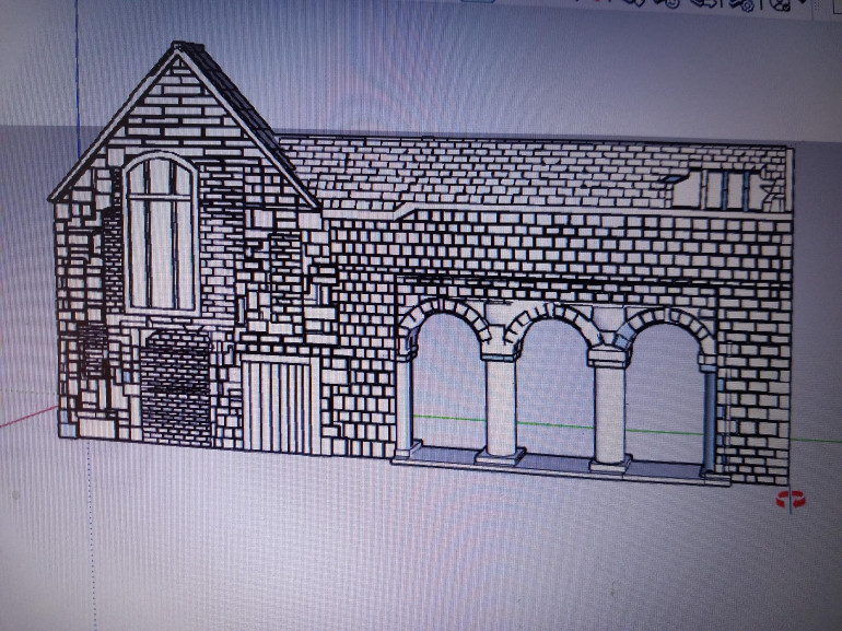 I used sketch up which is used for architectural design to recreate the building. Im not the best at this sort of thing and I struggled with scale so I know not all the bricks are the right size. Looking at the original illustration I tried to work out what parts of the building were brick and what was stone. There are holes in the walls and roof showing its going to ruin. Because this is for a 3D print I had to obviously make things more three dimensional than if it was for an architectural plan and extrude individual stone work to create texture. You can also see where original doorways had been bricked up. 