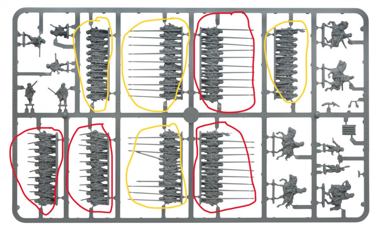 Sort the Sprue into Front Rank (Red) and Rear Rank (Yellow). Glue the Front Ranks to the base and bluetac the rear ranks to the paddle pop stick. 