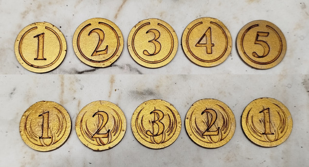 5 double sided turn tracker / VP scoring tokens for Godtear