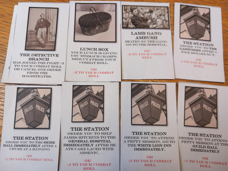 Before CID the detective branch operated out of Scotland Yard and consisted of a handful of plain clothes officers. When Peel set up the police actual crime investigation wasnt really the idea but it was soon brought in and this small group such as Whicher shown here would help forces solve murders. The Lamb gang were a notorious force known for helping run election fraud and press ganging voters and using intimidation on behalf of the highest bidder. The Station cards are used to order players to different locations. The reasons for them to attend are real such as the crush at a hanging which saw the death of 12 people or the hospitalization of coroner James Hitchins who was arrested for election fraud and someone sent him a cake in prison laced with arsenic. . 