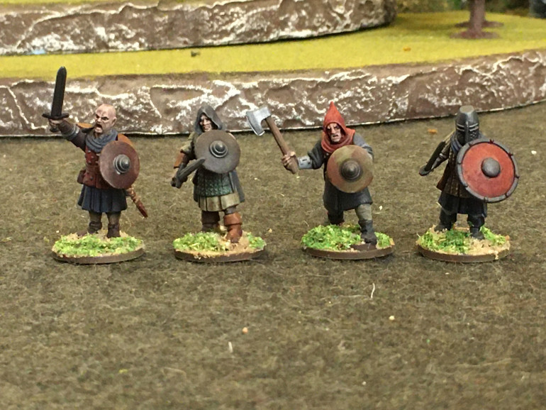 Further brave warriors, featuring (l to r): Wargames Atlantic Dark Age Irish head and Fireforge Northmen arms, Frostgrave Wizards (ranger school dropout), Frostgrave Cultists, Fireforge Teutonic Infantry