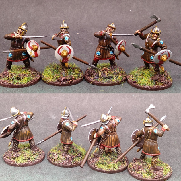 Though perhaps just having them throwing spears in the pose would make more sense as javelin levy, but as I am deliberately adding these as an option to a warrior unit the dramatic poses stand out. Once added to the warrior unit they can remain the longest as they take casualties and represent the levy status of the unit until the end.