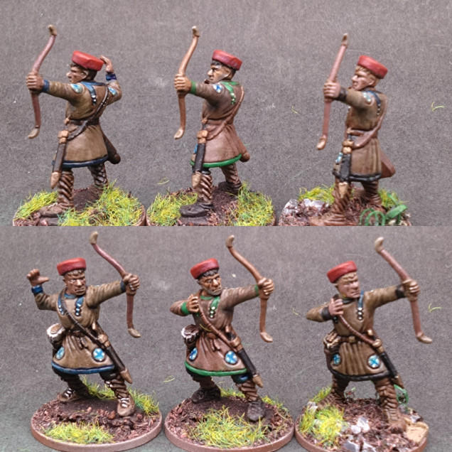 The colours of hat probably would not have been uniform, but I know that my friend quite liked the idea of their being a slightly uniform look to the project. Green hats for the warriors and red hats for the archers doesn't feel that out of place and is in keeping with the other colours used across the army.