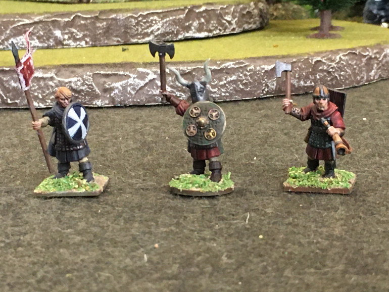 The brave command group, featuring bits from (l to r): Frostgrave Soldiers 2, Fireforge Teutonic Infantry (Ni!), Oathmark Human Infantry with Fireforge Northmen horn